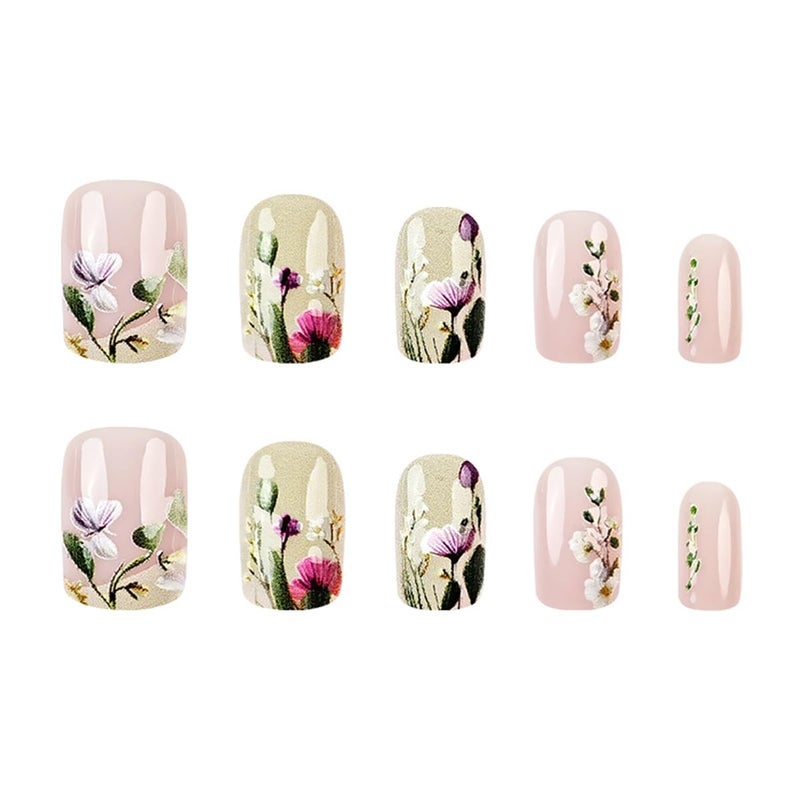 juggssa Spring Flower Press on Nails Short Square Fake Nails Glossy Pink Acrylic Nails Press on False Nails with Floral Designs Spring Summer Glue on Nails Short Stick on Nails for Women Nail Art Decor 24PCS - Image 5